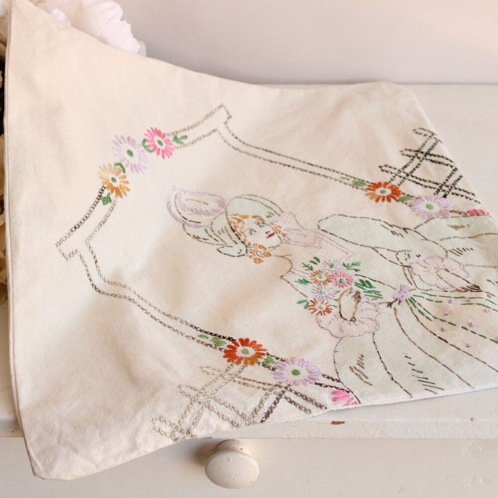 Vintage 1940s Throw Pillow Cover, Embroidered Lady And Flowers Pillowcase
